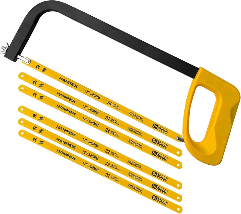 Hanpex 12in. High-Tension Hacksaw Frame with 5pcs Extra Bi-metal Blades, Hand Saw Suitable for Metal, wood, PVC, Carpentry - Image 1